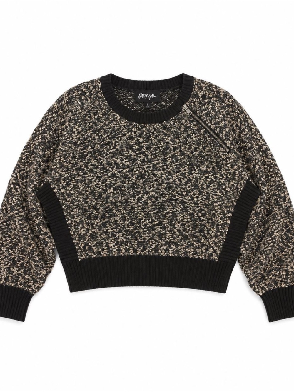 Nasty Gal Black & Cream Marled Zip-Accent Cropped Crew Sweater